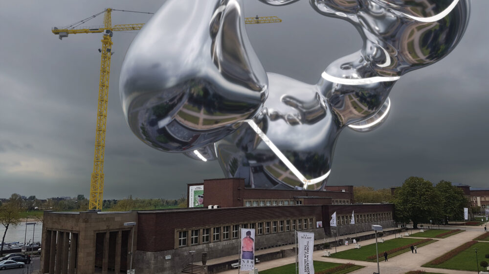 Virtual extension of the NRW Forum hovering above the exhibition building with reflections of the Ehrenhof on the reflecting surface